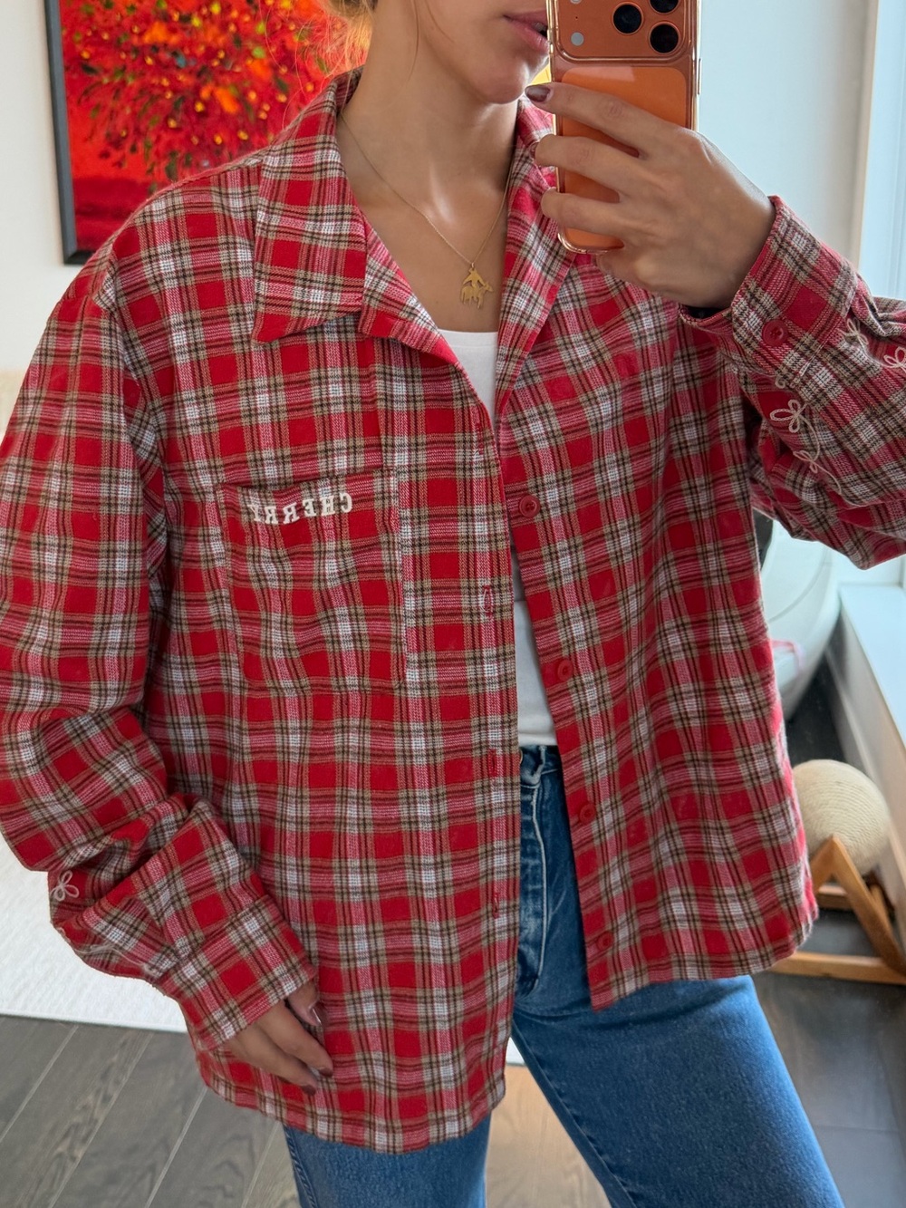 Cherry LA Red Plaid Cotton Overshirt — Size L